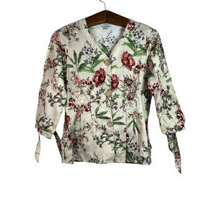 Hester & Orchard Linen Blend Blouse Floral Button Closure Tie sleeve Size S